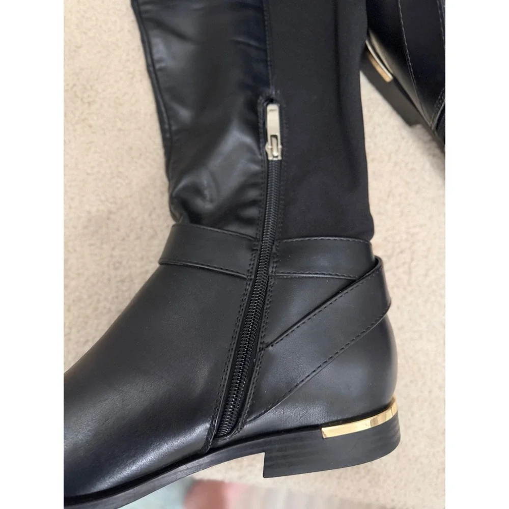 Nine Andone West Black Over The Knee Boots Gold Buckle Stretch Minimalist 9.5